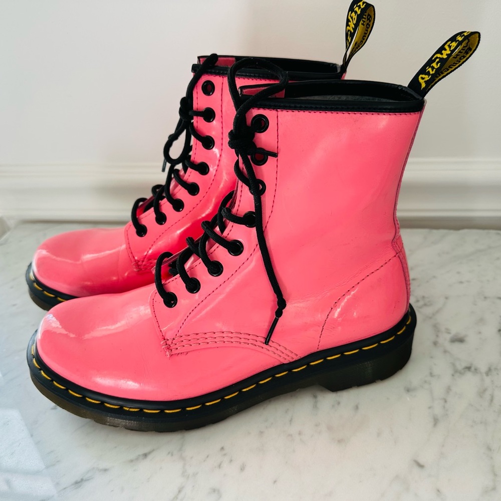 Dr. Martens Women's Pink Lace-Up Patent Combat Boots